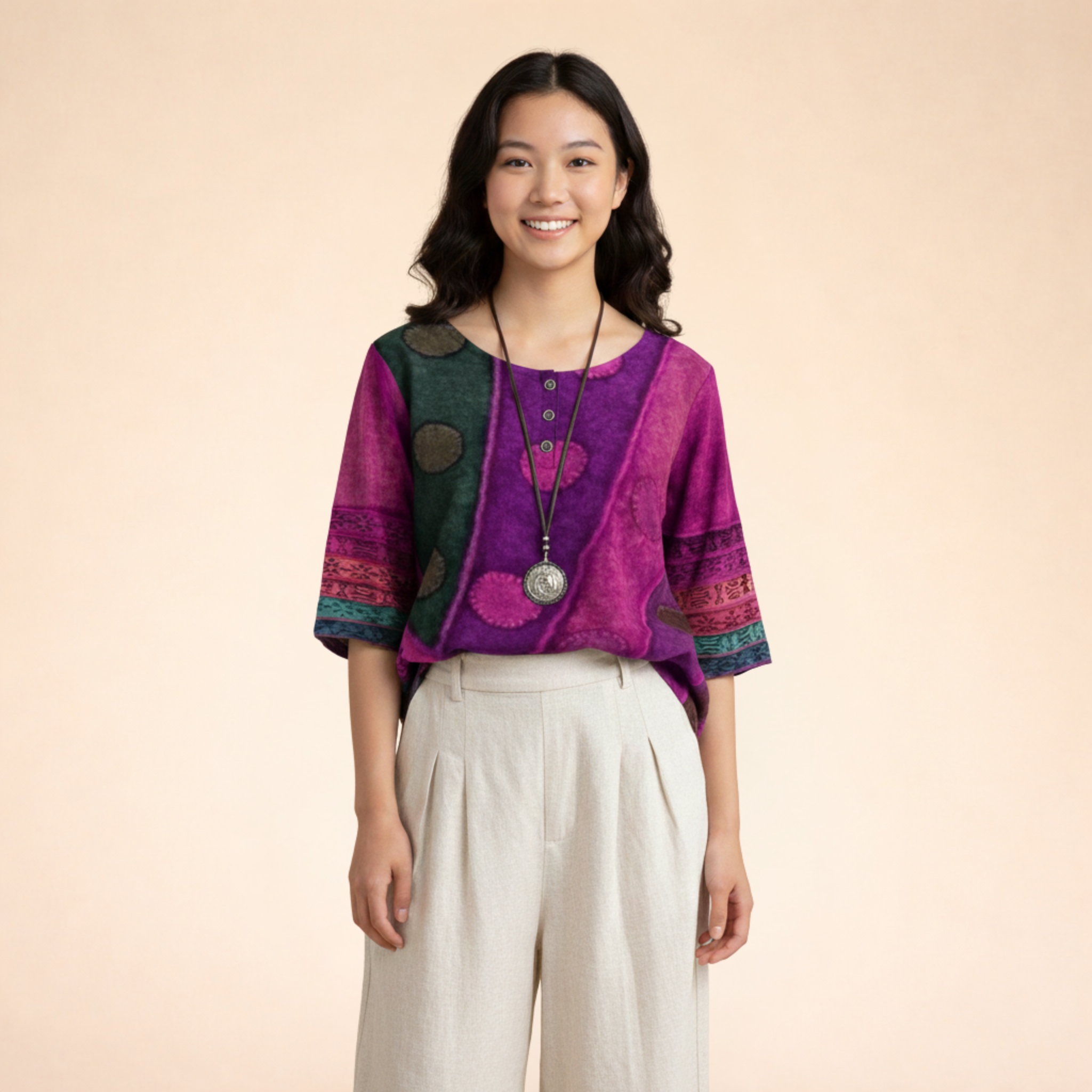 Printed V-Neck Cropped Blouse
