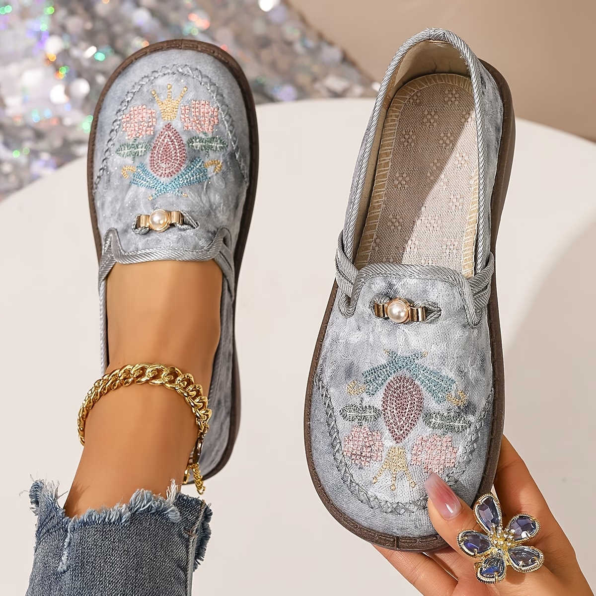 Embroidered Floral Slip-On Loafers