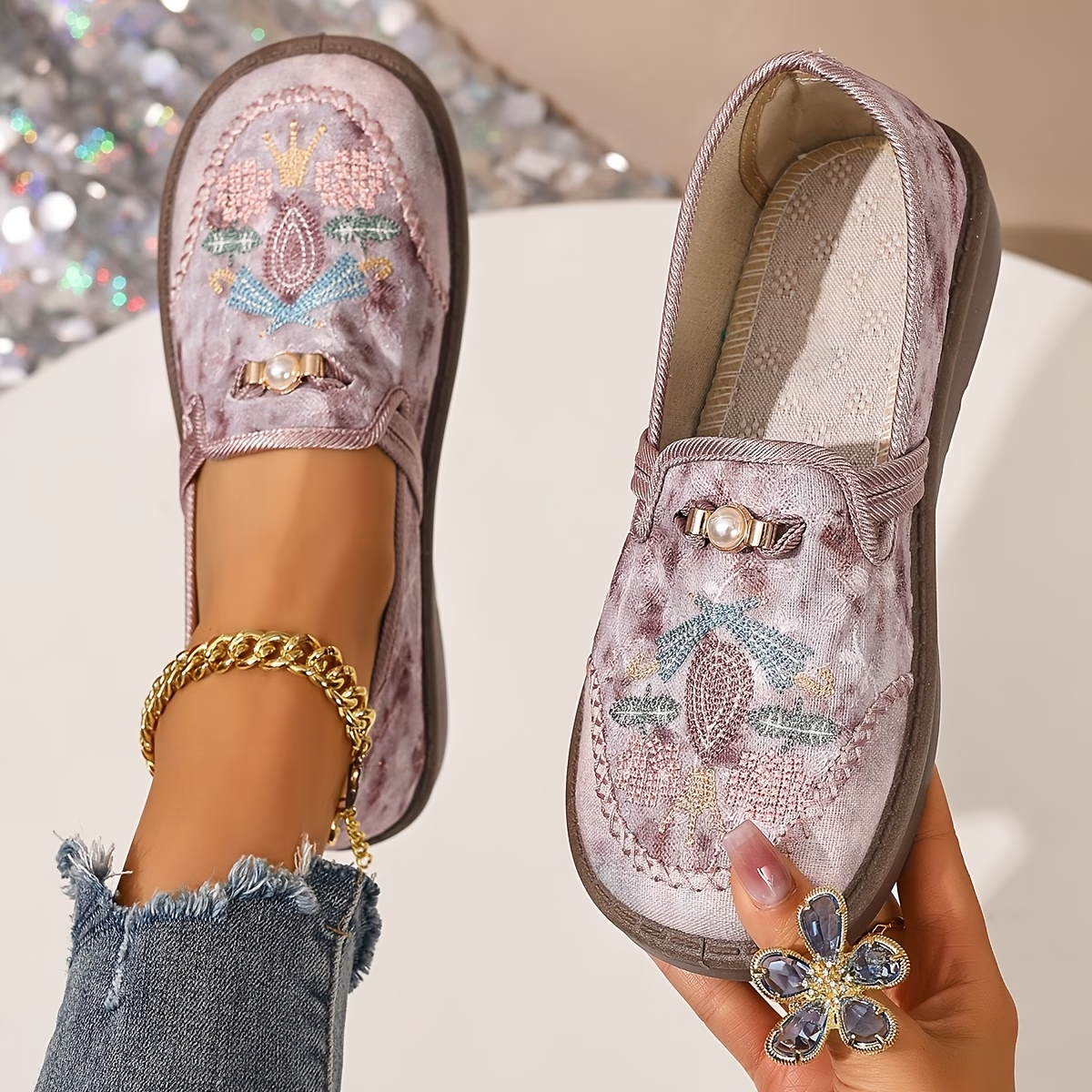Embroidered Floral Slip-On Loafers