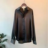 Satin Button Front Long Sleeve Blouse
