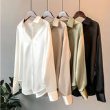 Satin Button Front Long Sleeve Blouse