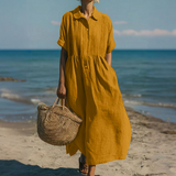 Relaxed Linen Blend Button Front Maxi Dress
