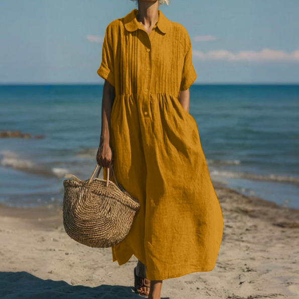 Relaxed Linen Blend Button Front Maxi Dress