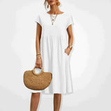 V-Neck Short Sleeve Midi Dress with Pockets