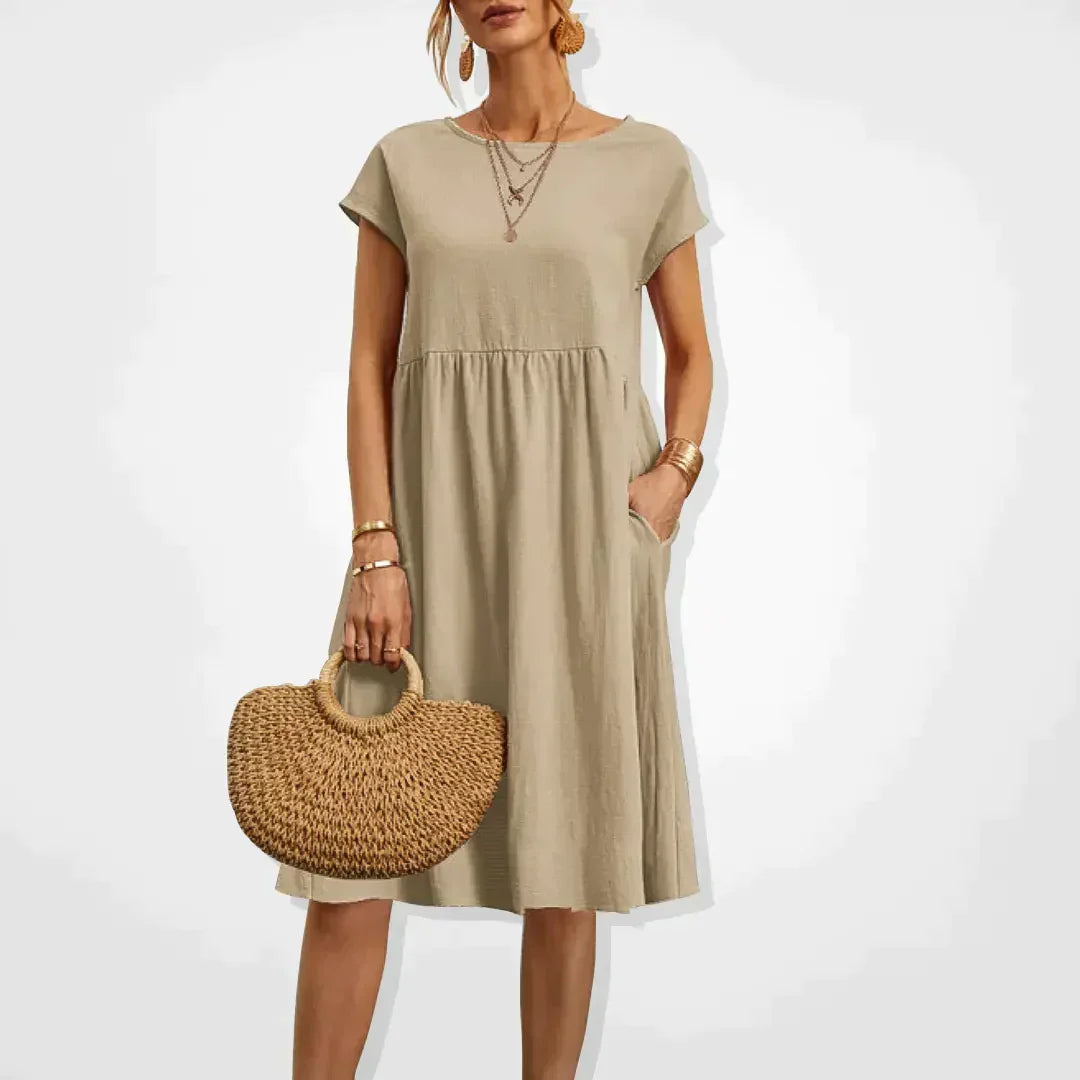 V-Neck Short Sleeve Midi Dress with Pockets