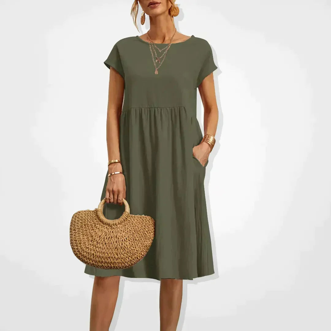 V-Neck Short Sleeve Midi Dress with Pockets