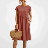 V-Neck Short Sleeve Midi Dress with Pockets