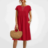 V-Neck Short Sleeve Midi Dress with Pockets