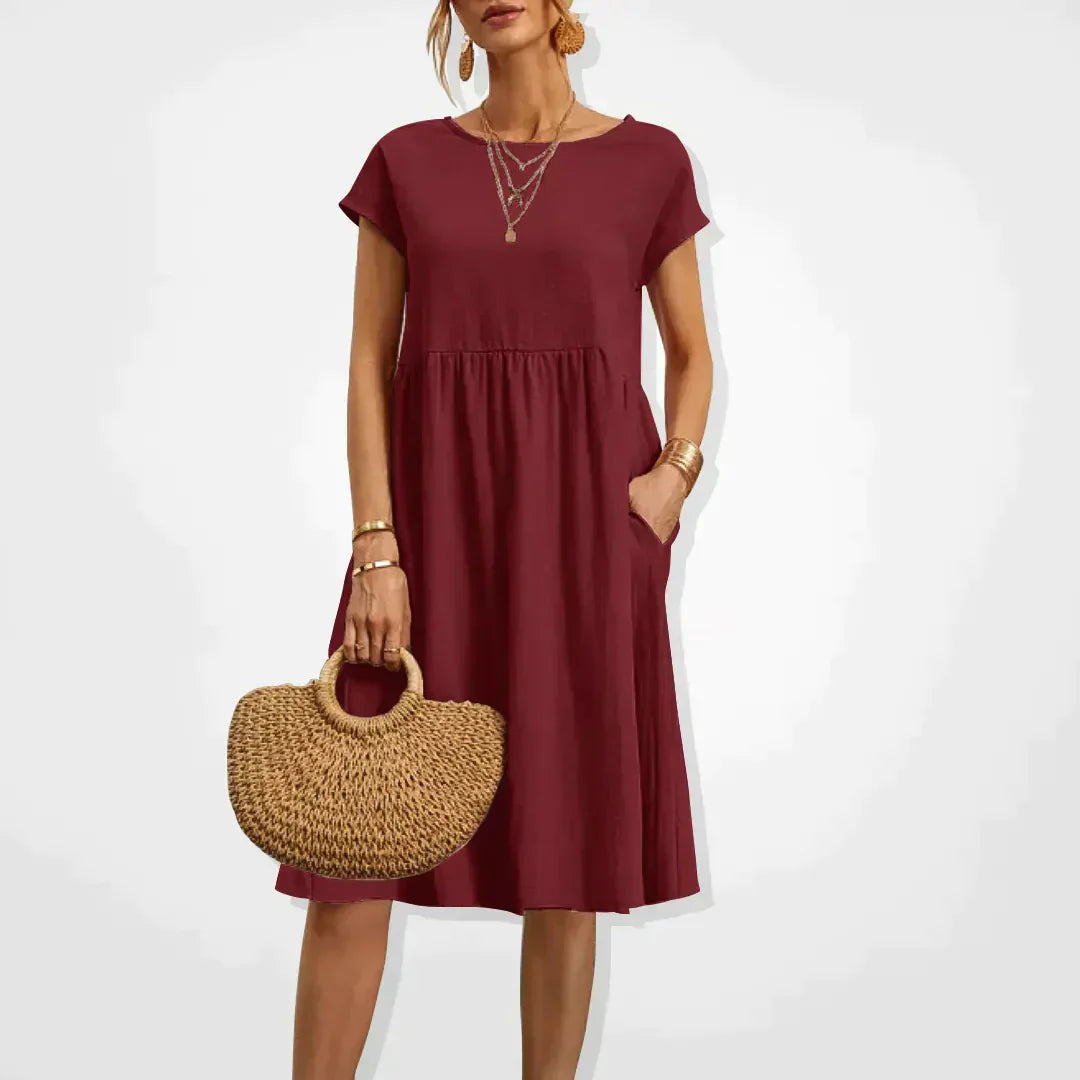 V-Neck Short Sleeve Midi Dress with Pockets