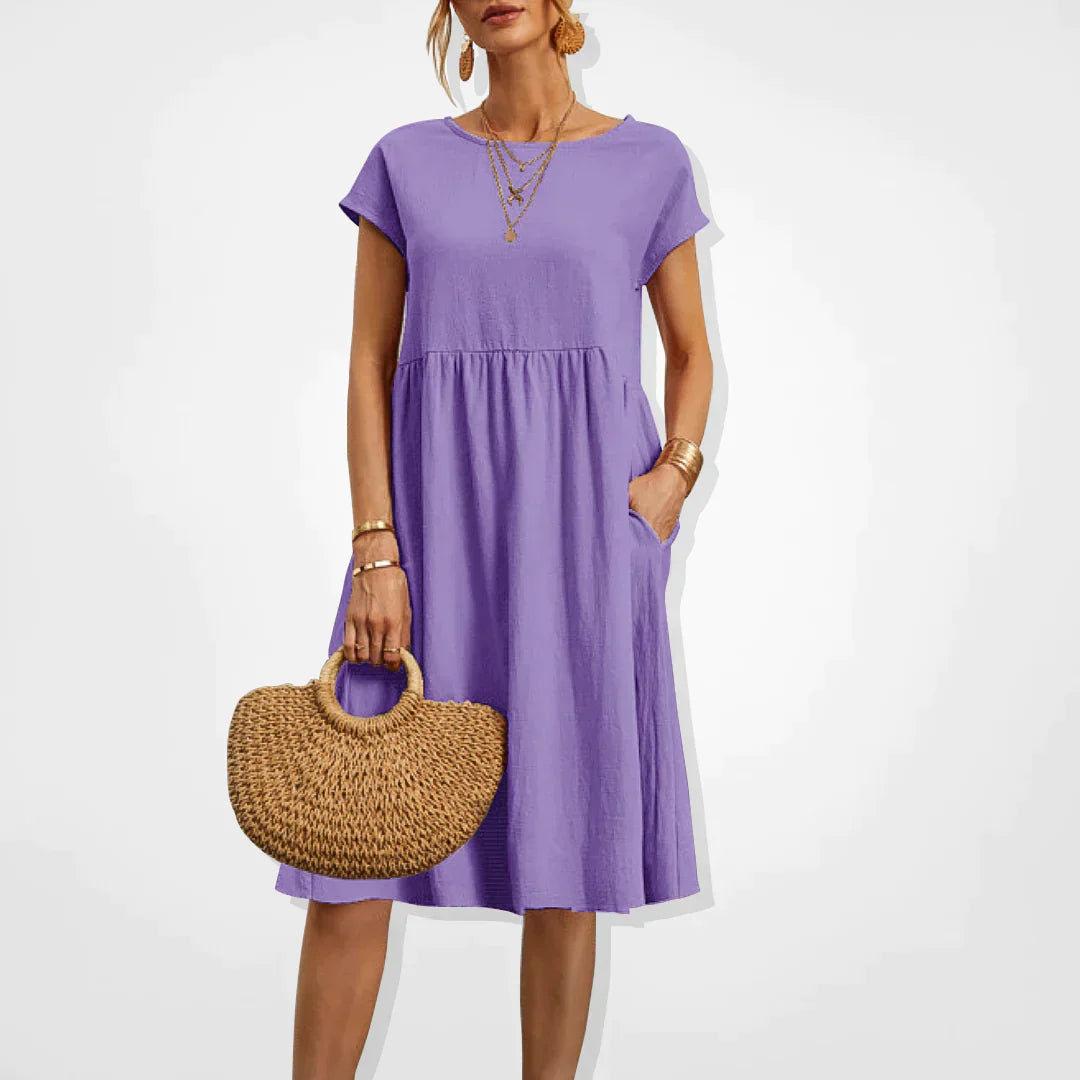 V-Neck Short Sleeve Midi Dress with Pockets