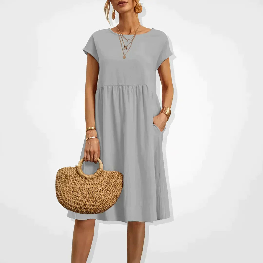 V-Neck Short Sleeve Midi Dress with Pockets