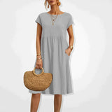 V-Neck Short Sleeve Midi Dress with Pockets