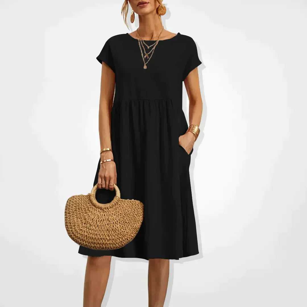 V-Neck Short Sleeve Midi Dress with Pockets