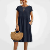 V-Neck Short Sleeve Midi Dress with Pockets
