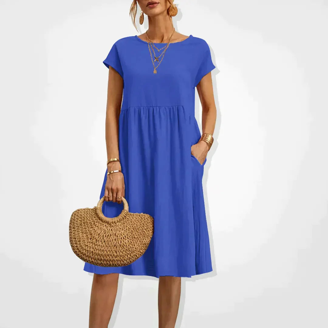 V-Neck Short Sleeve Midi Dress with Pockets