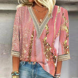 Printed V-Neck Sequin Blouse