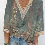 Printed V-Neck Sequin Blouse