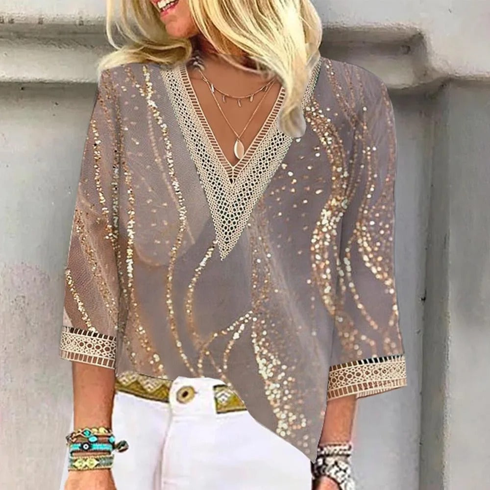 Printed V-Neck Sequin Blouse