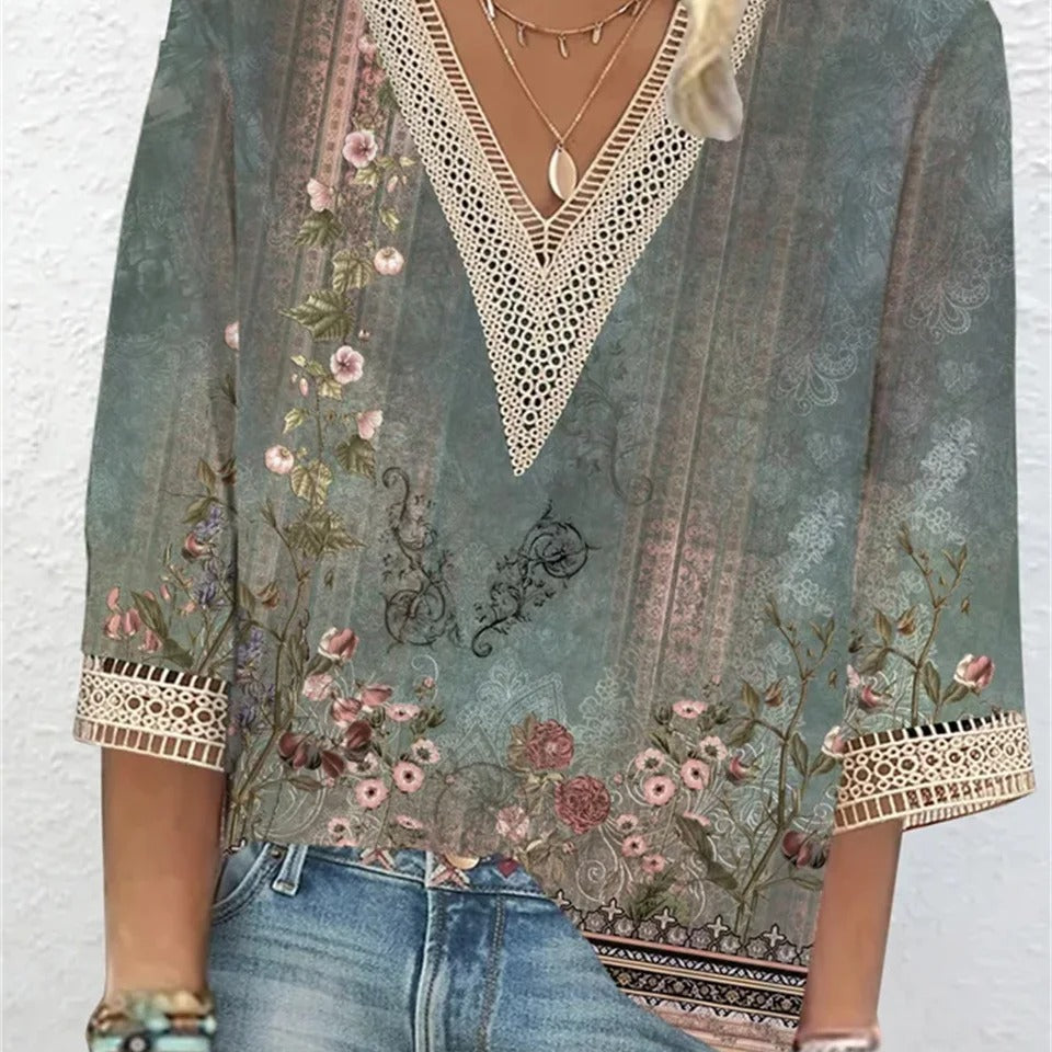 Printed V-Neck Sequin Blouse