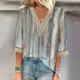 Printed V-Neck Sequin Blouse