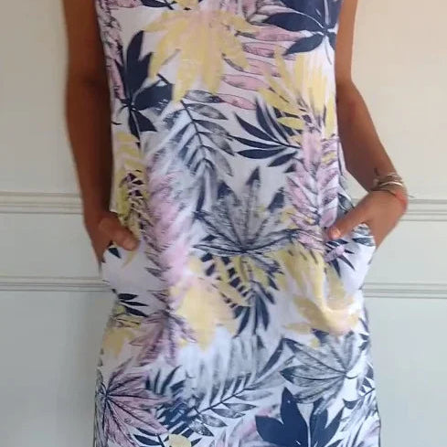 Tropical Print Sleeveless Shift Dress