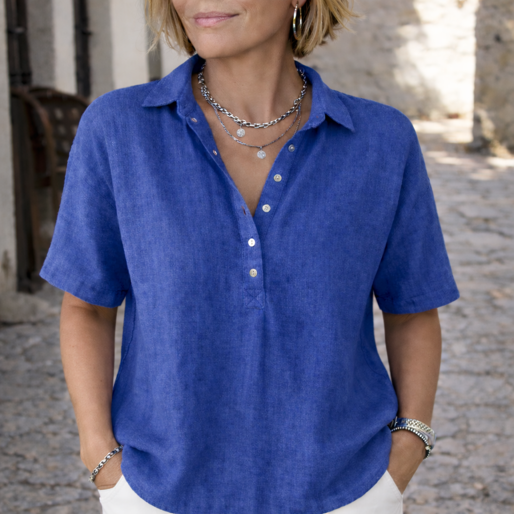 Linen Blend Collared Short Sleeve Blouse