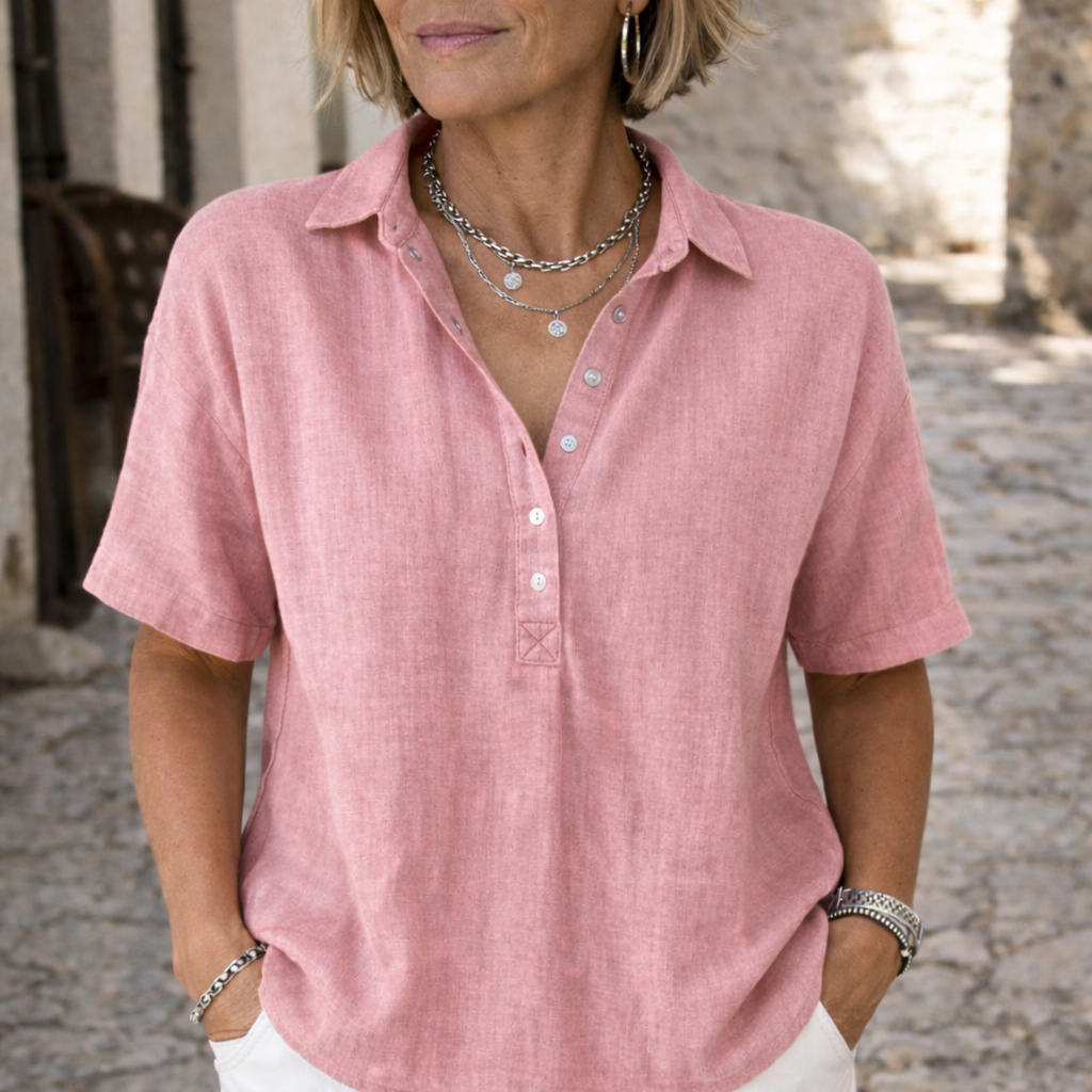 Linen Blend Collared Short Sleeve Blouse