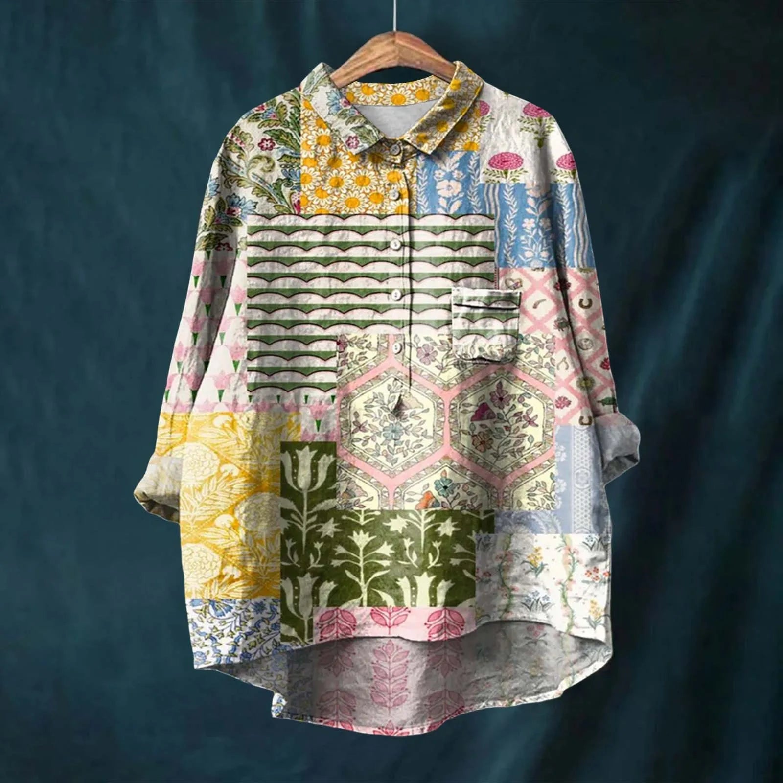 Printed Button Front Linen Blend Shirt