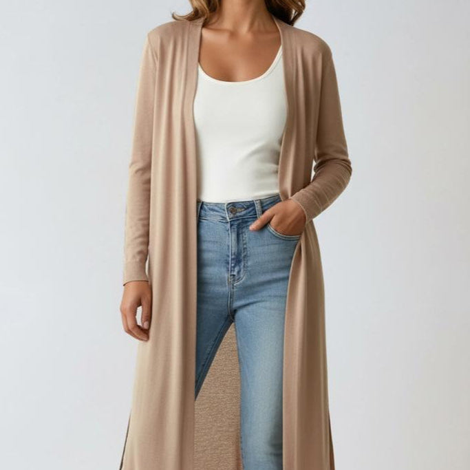 Women's Long Open-Front Ribbed Knit Cardigan