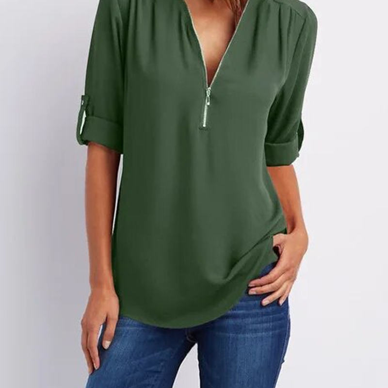 V-Neck Roll Sleeve Blouse