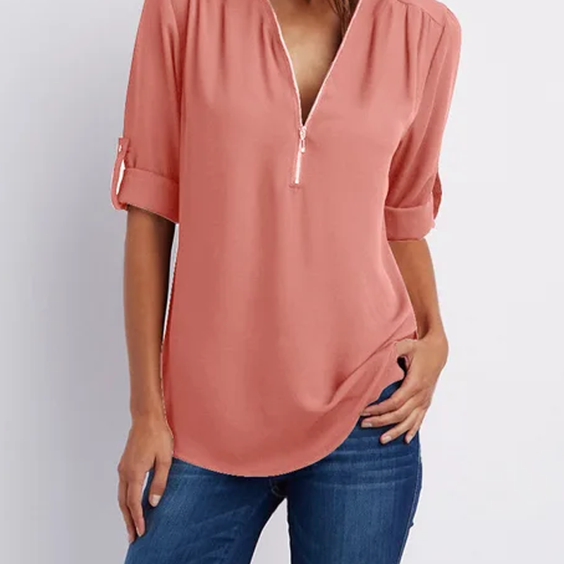 V-Neck Roll Sleeve Blouse