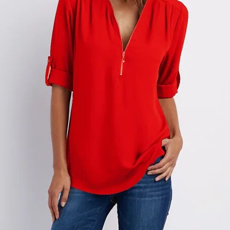 V-Neck Roll Sleeve Blouse