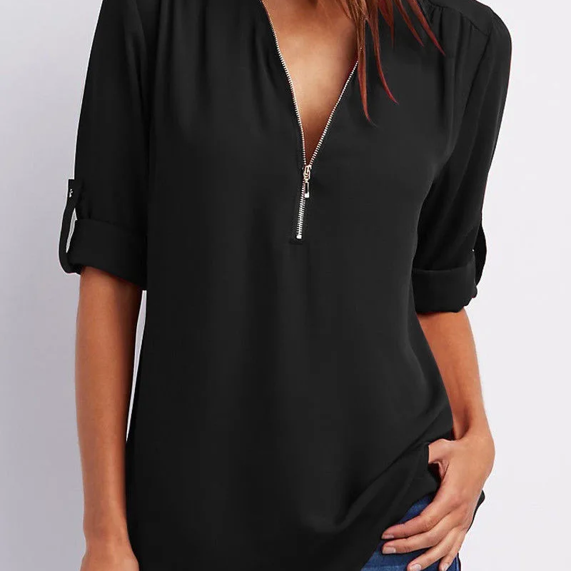V-Neck Roll Sleeve Blouse