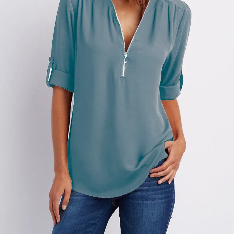 V-Neck Roll Sleeve Blouse