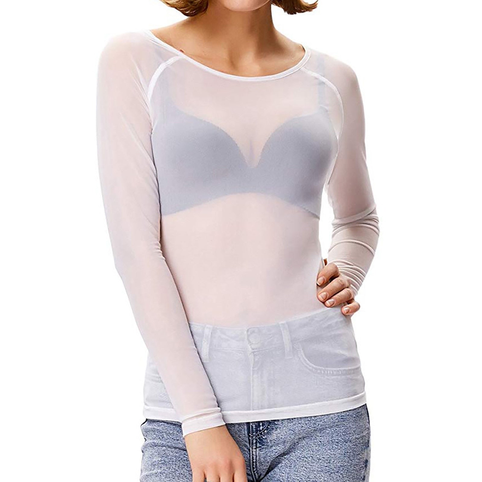 Sheer Mesh Long Sleeve Bodysuit Top