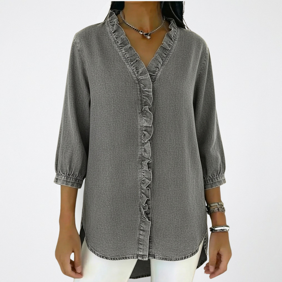 Ruffle Trim Button-Up V-Neck Blouse