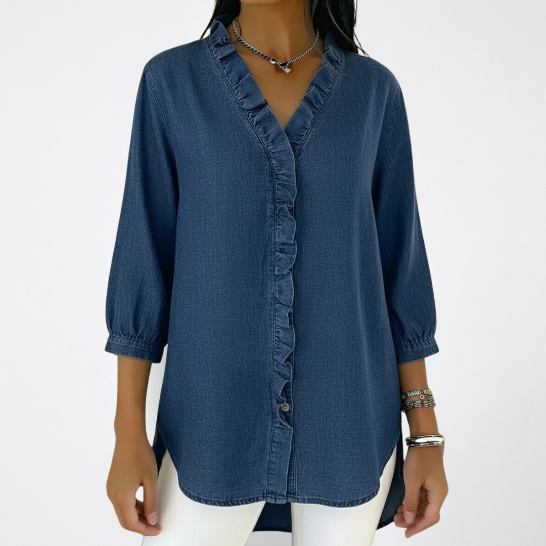 Ruffle Trim Button-Up V-Neck Blouse