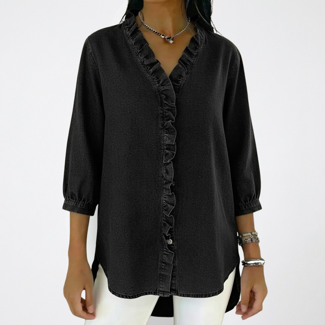 Ruffle Trim Button-Up V-Neck Blouse