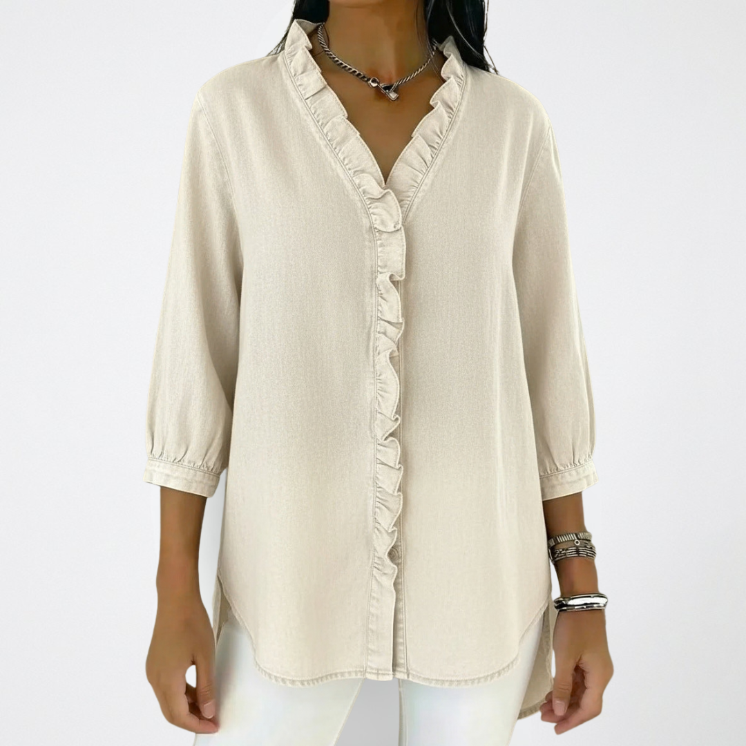 Ruffle Trim Button-Up V-Neck Blouse