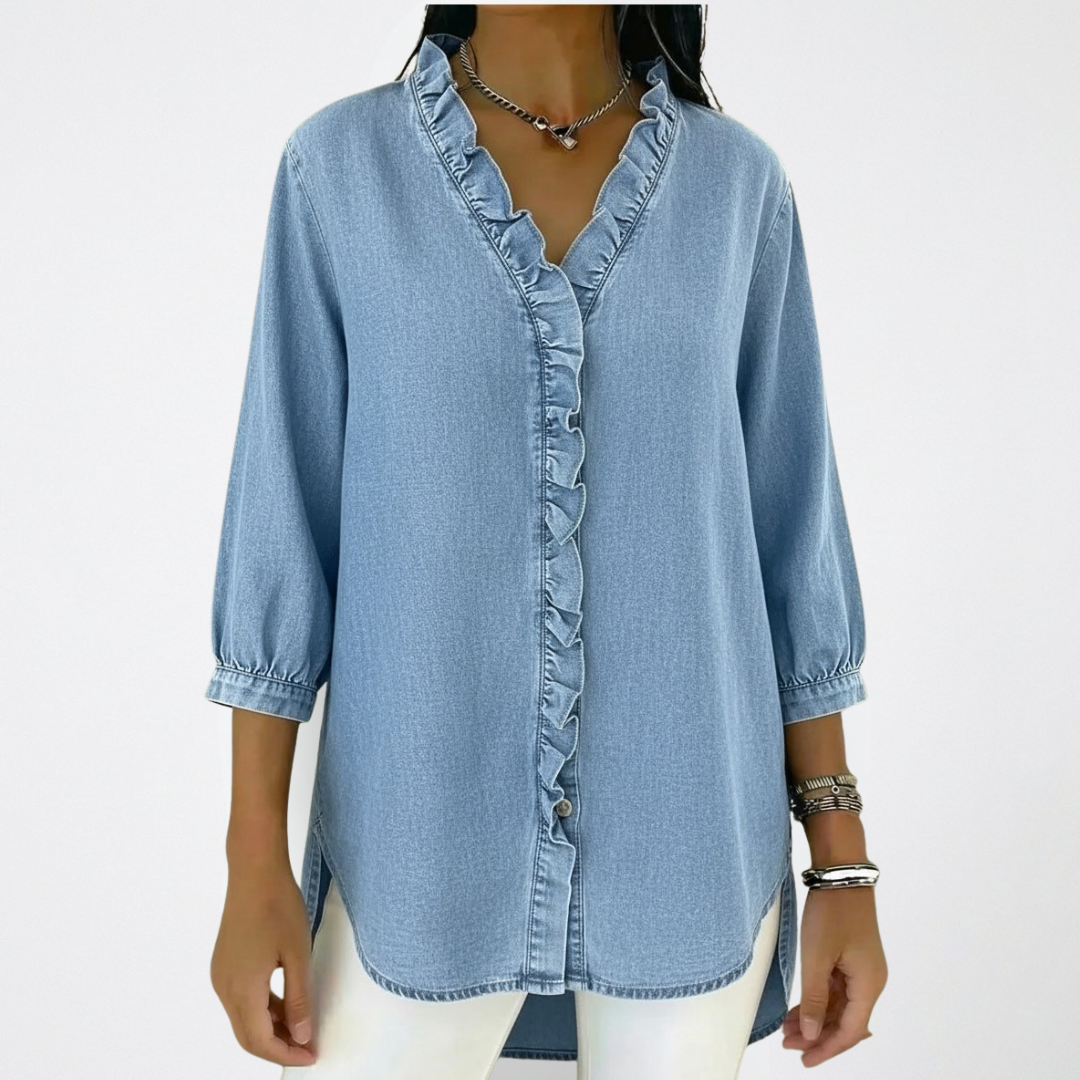 Ruffle Trim Button-Up V-Neck Blouse