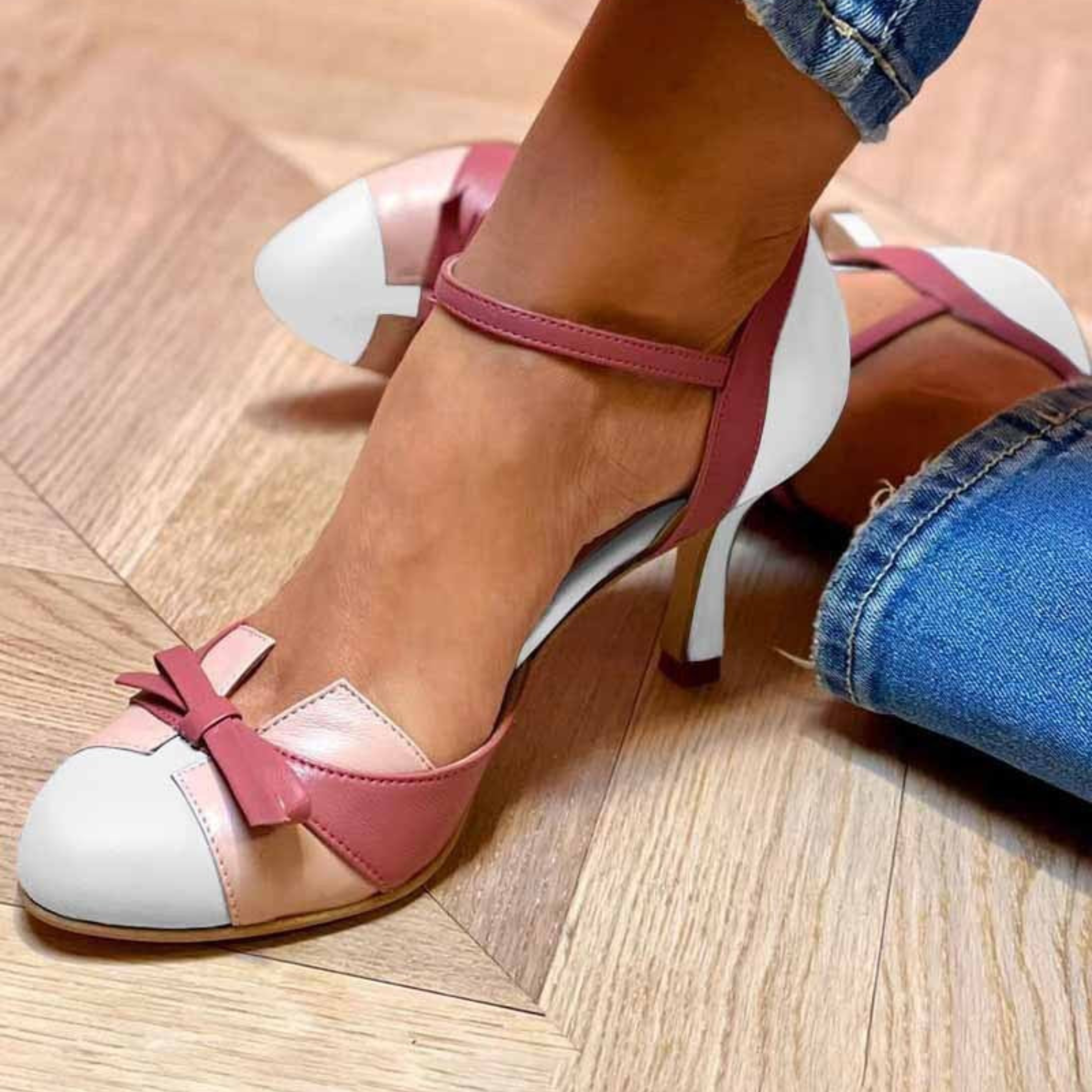 Colour Block Bow Ankle Strap Pumps