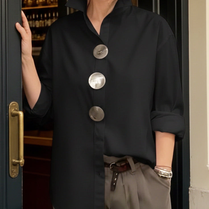 Oversized Button-Up Blouse with Chest Pocket