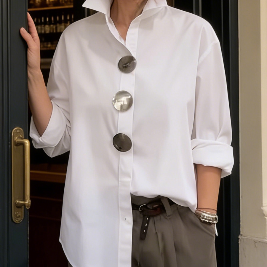 Oversized Button-Up Blouse with Chest Pocket