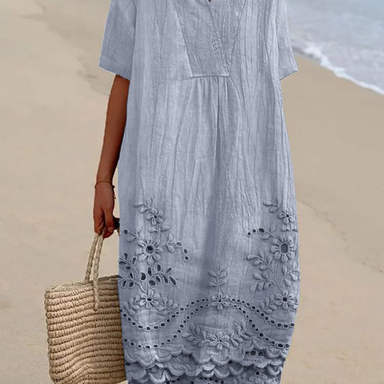 Embroidered V-Neck Midi Dress