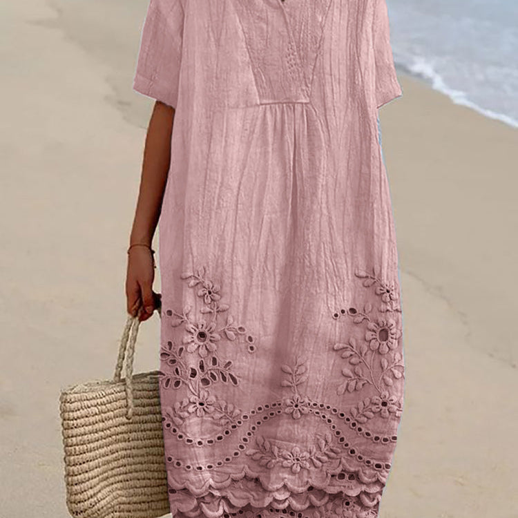 Embroidered V-Neck Midi Dress