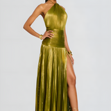 Pleated Halter High Slit Maxi Dress