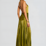 Pleated Halter High Slit Maxi Dress
