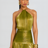 Pleated Halter High Slit Maxi Dress