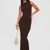 Women's Ribbed Asymmetric Top and Maxi Skirt Set