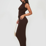 Women's Ribbed Asymmetric Top and Maxi Skirt Set